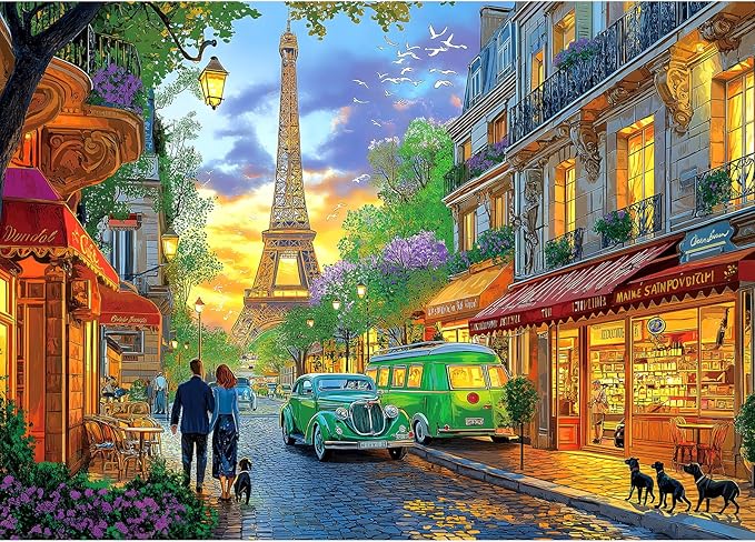 Blueforest 1000 Piece Puzzle for Adults - Paris Street View Sunset Landscape Jigsaw Puzzle w/Eiffel Tower, Challenging for Adults & Family Game Night