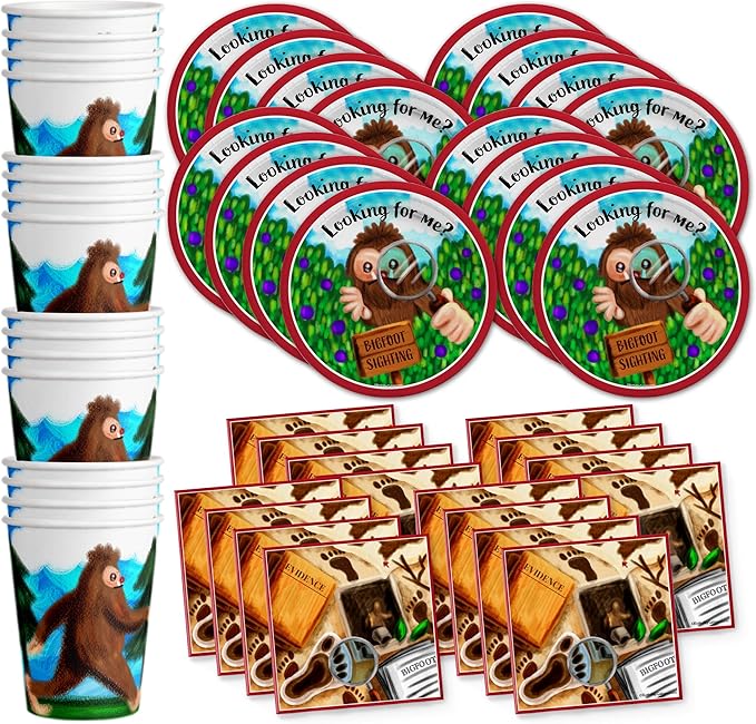 Birthday Galore Bigfoot Themed Party Supplies for Kids and Adults - Fun Celebration Set with Plates, Napkins, Cups, Tableware, Quick Setup, Colorful Decorations for Every Birthday Events - Kit for 16