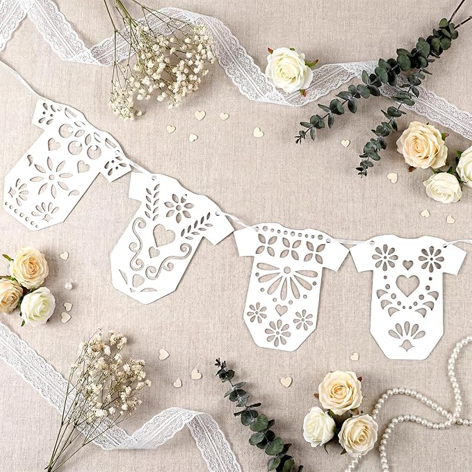 4 Set Cielito Lindo Baby Shower Garland 48 Pcs White Papel Picado Party Decorations Mexican Lace Baby Bodysuit Banner Card with Hanging String for Gender Neutral Party Supplies