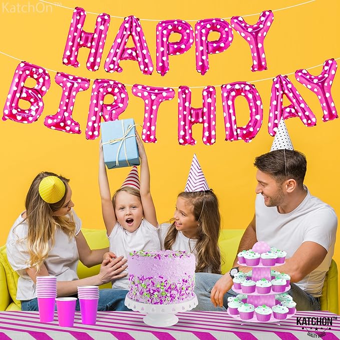 KatchOn, Pink Happy Birthday Banner Balloons - 16 Inch | Foil Polka Dot Happy Birthday Balloon Banner For Birthday Decorations | Pink Party Decoration