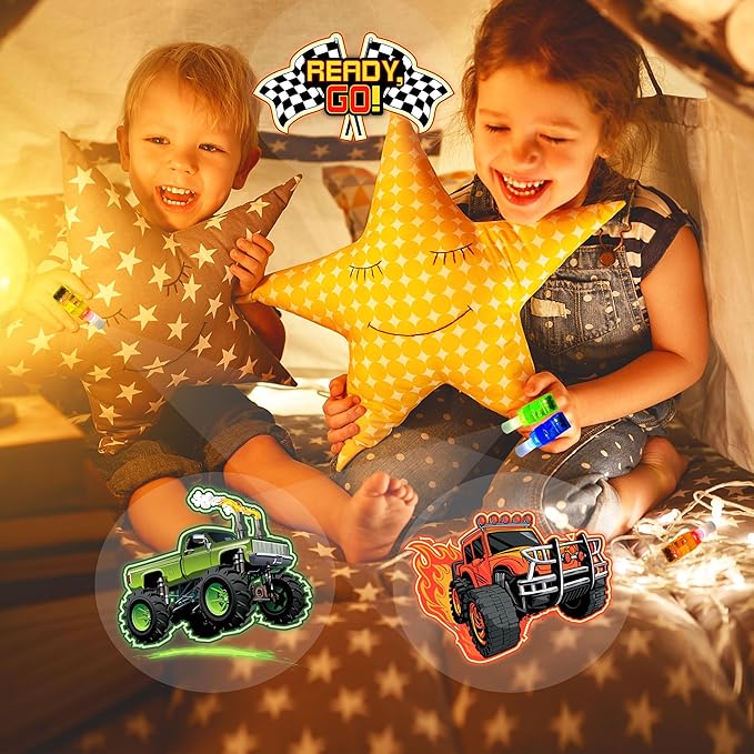24PCS Monster Truck Party Favors-LED Finger Lights：Glow-in-the-Dark Light-Up Toys Bulk for Kids,Monster Jam Birthday Party Decorations Supplies, Party Goodie Bags, Classroom Prizes, Fun Gifts