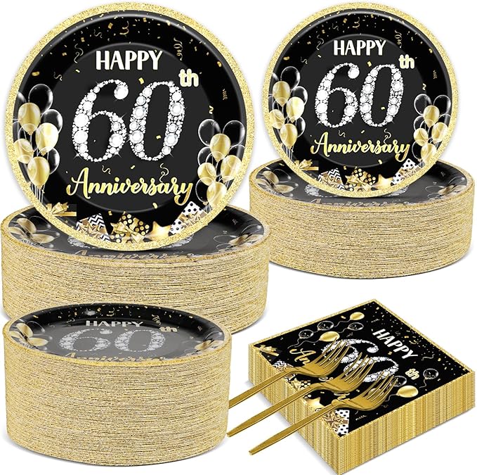 Qyeahkj 50 Guests 60th Anniversary Plates and Napkins Party Supplies 60th Wedding Party Decorations Disposable Tableware Set Dinnerware Favor for Birthday Women, 200PCS