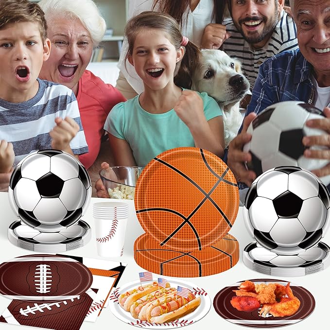 Sports Birthday Party Decorations, Sports Theme Party Supplies, Include Plates, Cups, Napkins, Soccer Basketball Baseball Football Theme Dinnerware (Serve 20)