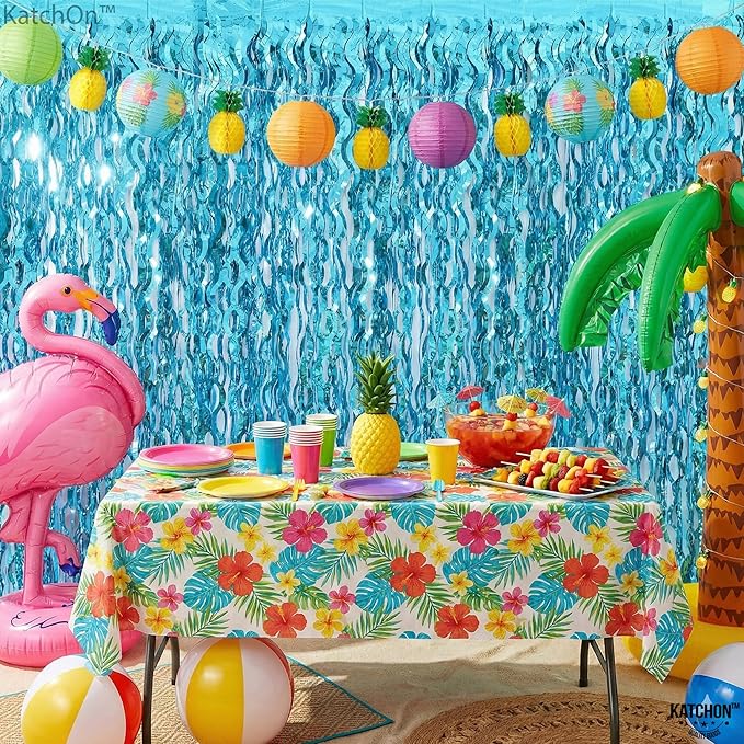 Katchon, Xtralarge Wavy Blue Foil Fringe Curtain - Pack of 2 | Blue Streamers for Under The Sea Party Decorations | Foil Fringe Backdrop for Birthday, Cruise Door Decorations, Pool Party Decorations