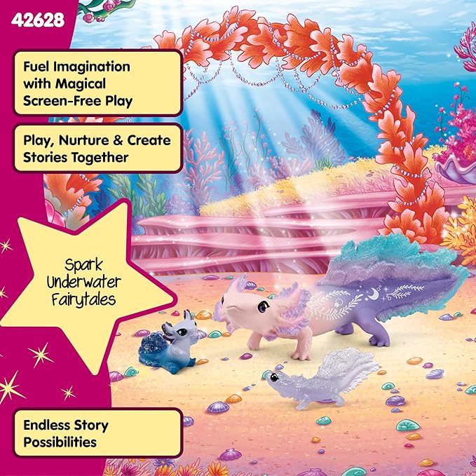 Schleich Bayala - 3PC Colorful Axolotl Figurine Toy Set - Mermaid Mythical Creature Playset for Girls and Boys - Cute Undersea Fairy Salamander Figures - Fantasy Animal Toys for Kids Ages 5+ | 42628