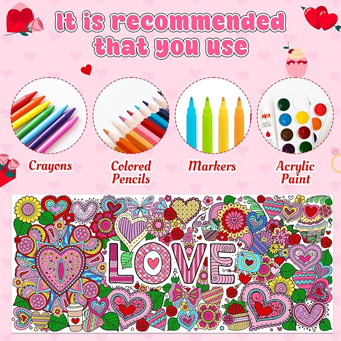 Jumbo LOVE Mandala Coloring Poster - Valentine’s Day Heart Flower DIY Drawing Color-in Paper Blank Art Banner 55.1 x 23.6 Inch Wall Decor, Home Classroom Activity for Kids Party Supplies