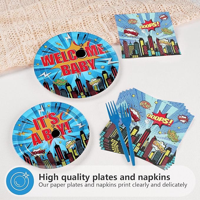 96Pcs Super Theme Hero Baby Shower Party Decoration Hero City Buildings Plates and Napkins Blue Welcome Baby Disposable Tableware Set for Boys Baby Shower Birthday Party Supplies Serves 24