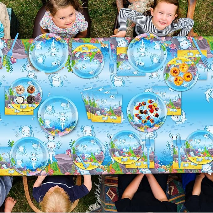 chiazllta 24 Guests Blue Axolotl Party Decoration Axolotl Birthday Party Supplies Favors Reptile Animals Tableware Set Disposable Plates Napkin Tablecloths for Axolotl Boys Decor 98 pcs