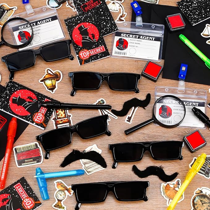 132Pcs Spy Detective Party Favors Kit for Kids Sunglasses, Invisible Ink Pen, Magnifying Glass, Secret Agent Name Tags for Spy Cosplay Escape Room Party Favors Detective Party Decorations