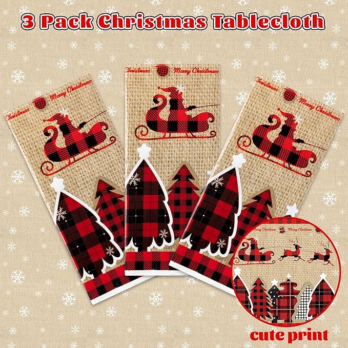 Christmas Plastic Table Cover - 3 Pack Merry Christmas Buffalo Plaid Disposable Waterproof Plastic Rectangle Xmas Table Cloth Winter Holiday Party Picnic Decoration Supplies Indoor Outdoor