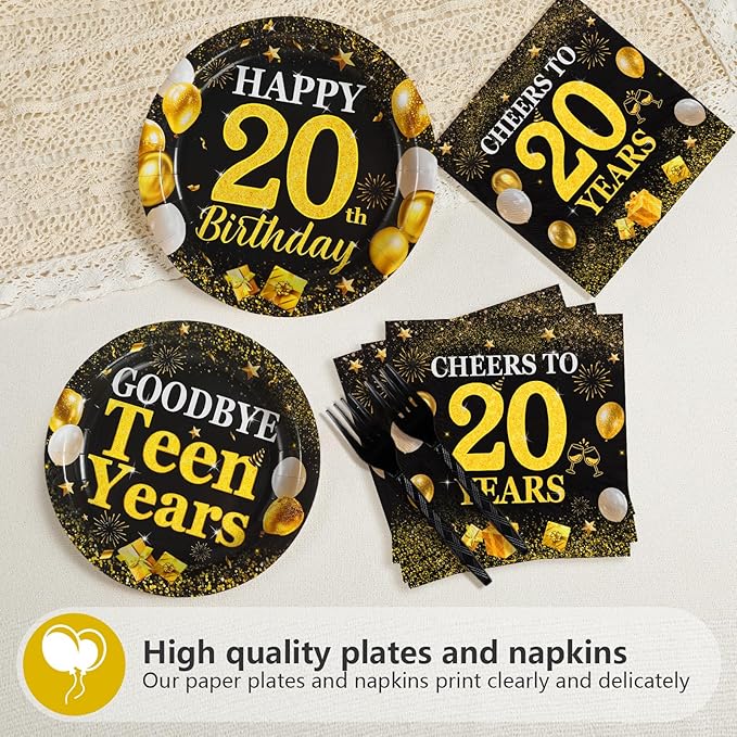 Grencian 96Pcs Happy 20th Birthday Party Supplies Gold and Black Goodbye Teen Years Paper Plates and Napkins Cheers 20 Years Sets for 20 Year Old Teen Girls Theme Party Decoration Serves 24
