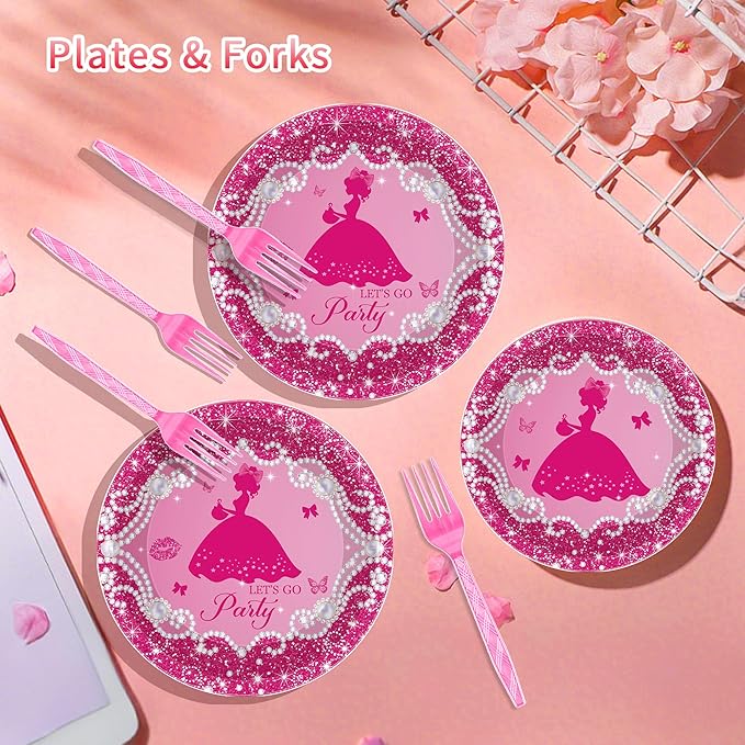 96Pcs Let's Go Party Plates & Napkins, Princess Birthday Party Tableware Set, Pink Disposable Plates, Forks, Bachelorette Girl Napkins for 24 Guests