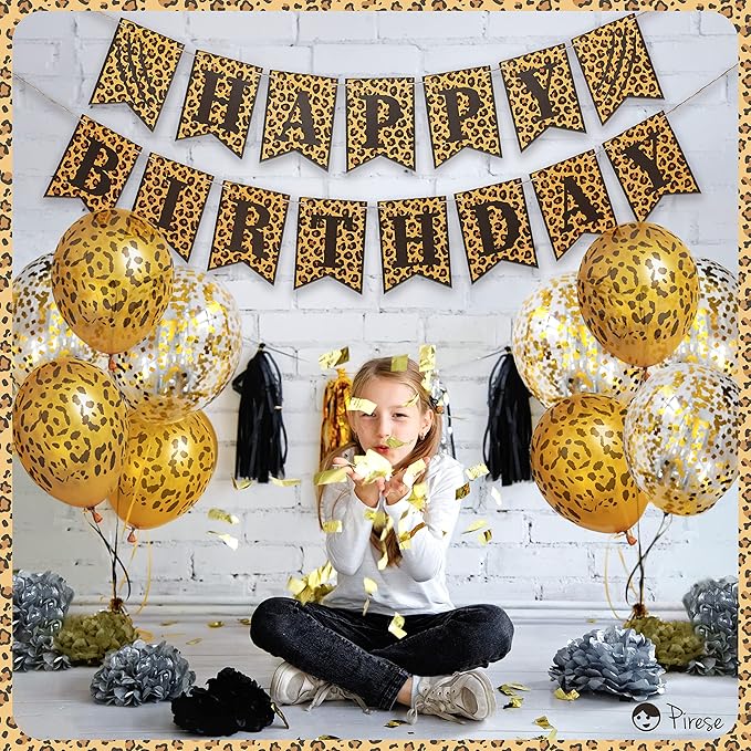 Pirese Cheetah Happy Birthday Banner – Cheetah Birthday Decorations, Leopard Party Decor, Safari Theme Party Supplies, Animal Print Party