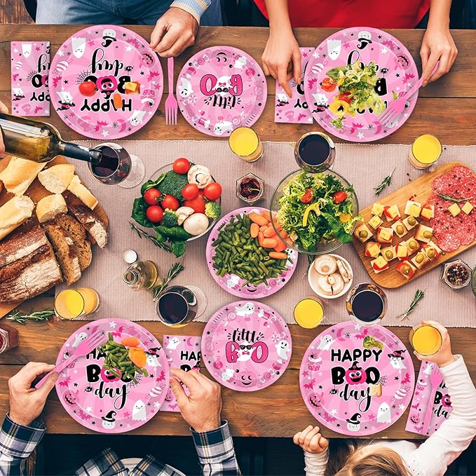 96Pcs Pink Halloween Birthday Party Decorations, Halloween Happy Boo Day Party Plates and Napkins Set Supplies Halloween Little Boo Ghost Baby Shower Tableware Decor for Girl, Serves 24