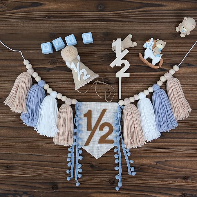 1/2 Birthday Decorations For Baby Boys 6 Months Khaki Cone Birthday Hat With Cake Topper Happy Half Year Party Photoshoot Props