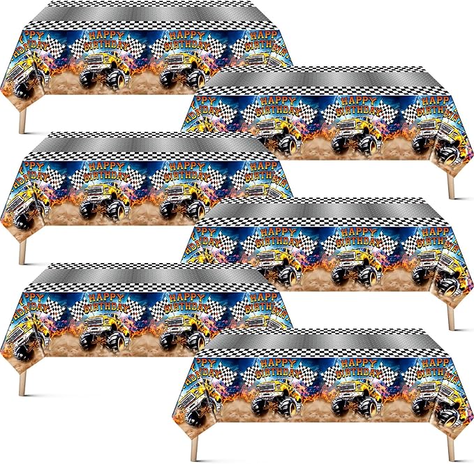 Mifoci 6 Pcs Monster Truck Birthday Party Tablecloths Monster Machine Table Covers Large Plastic Disposable 108 x 54 Inches for Truck Theme Kid's Boys Birthday Shower Party Supplies (Classic)