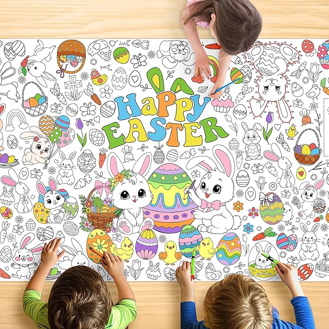 Easter Coloring Tablecloth for Kids, Large 30x72 Inch Poster with Bunnies, Eggs, Flowers, Perfect for Easter Party Games, Classroom Decorations, Spring Activities, and Holiday Supplies