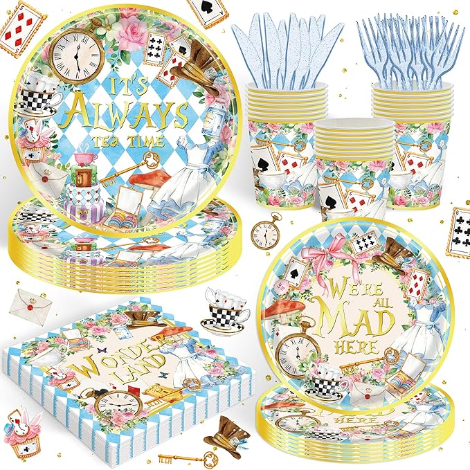 120PCS Wonderland Themed Party Supplies for Girls Kids Birthday Party Decorations Tea Party Tableware Set Plates Napkin Cups Set for 20 Guests