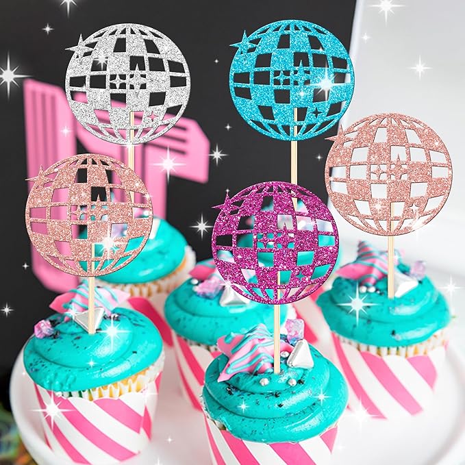 24 Colorful Disco Ball Cupcake Toppers - Dancing Cupcake Decorations for 70s Disco Music Theme Party Supplies