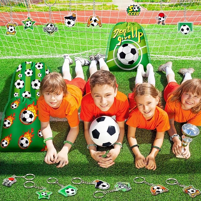 Talltalk 48 Pcs Soccer Party Favors Gifts Sets Kids Soccer Team Gifts 16 Sets Green Drawstring Backpack Goodie Bags Stuffers Candy Snack Bag Wristband Keychains for Sport Birthday Party Supplies Decor