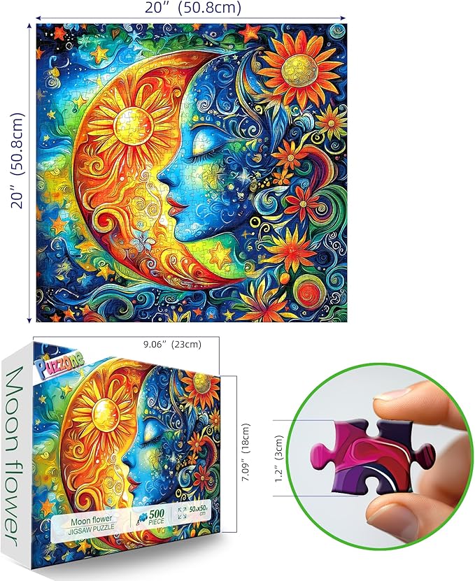 Moon Sun Face Art Jigsaw Puzzle 500 Pieces for Adults Beautiful Flower Fantasy Puzzle with Letters on Back Perfect Family Challenge & Game Night Ideal for Adults Seniors (20x20 Inch)