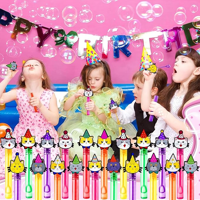 Cat Party Favors for Kids – 24PCS Cute Kitten Bubble Wands, Great for Birthday Supplies, Pinata Fillers, Goodie Bags & Classroom Rewards
