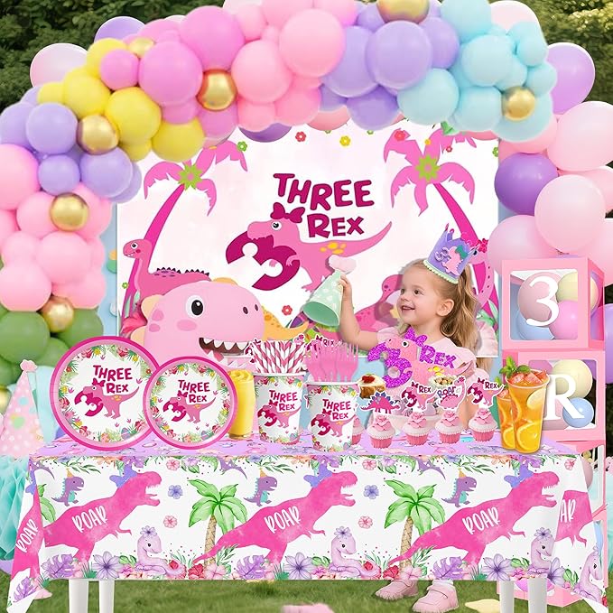 Three Rex Decorations Girl Pink Dinosaur Birthday Party Supplies Trex Dinosaur Tableware Set Crown Balloon Garland Balloon Boxes Glitte Highchair Banner Backdrop TableCloth Cake Topper