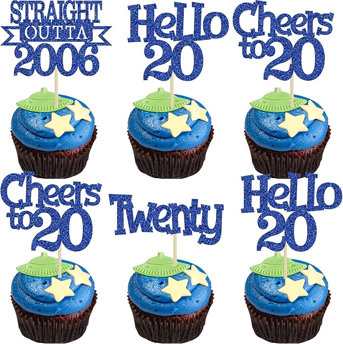 Ephlyn 24Pcs Happy 20th Birthday Cupcake Toppers Glitter Straight Outta 2006 Cupcake Picks Hello 20 Cheers to 20 Years Cake Decorations for 20th Birthday Anniversary Party Decorations Supplies Blue