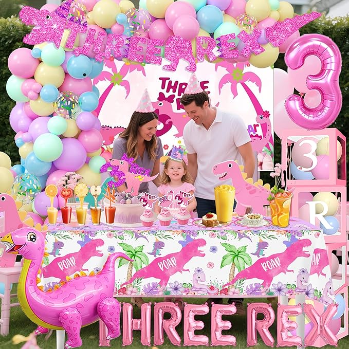 Three Rex Decorations Girl Pink Dinosaur Birthday Party Supplies Trex Dinosaur Tableware Set Crown Balloon Garland Balloon Boxes Glitte Highchair Banner Backdrop TableCloth Cake Topper