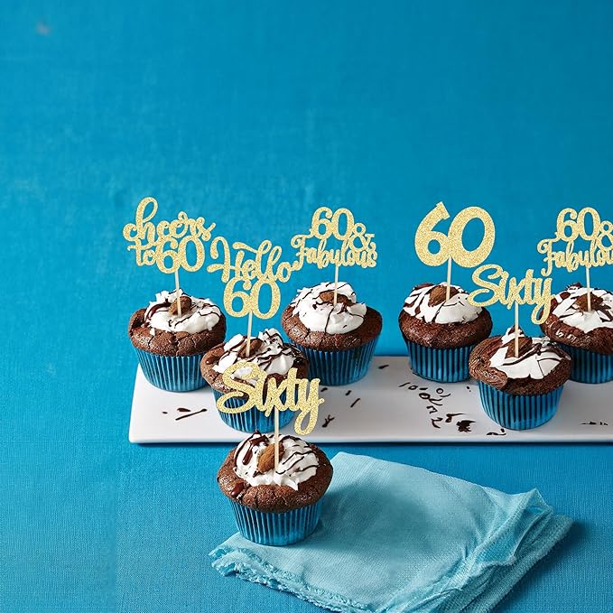 30Pcs Happy 60th Birthday Cupcake Toppers Gold Glitter Sixty Cake Toppers Cheers to 60 Years Old Birthday Cupcake Picks for 60th Birthday Anniversary Party Cake Decorations Supplies