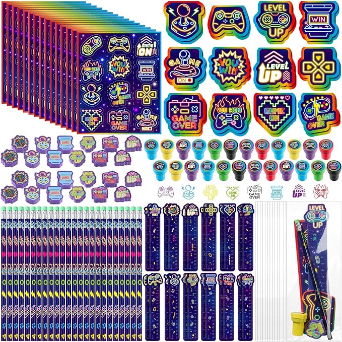 Cholemy 168 Pcs Video Game Party Favors Include Gaming Mini Notebook Gamer Birthday Sticker Pencil Stamper Ruler Eraser for Boy Teen Game Gifts Classroom Rewards Favor Party Supplies Decor (Cool)