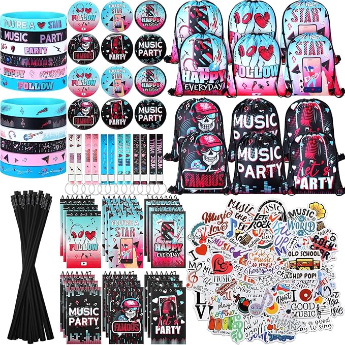 Jexine 128 Pcs Music Theme Party Supplies Include 12 Silicone Bracelets, 12 Keychains, 12 Badges, 12 Pencils, 12 Drawstring Bag, 18 Spiral Notepads, 50 Musical Stickers for Kids Birthday Party (Music)