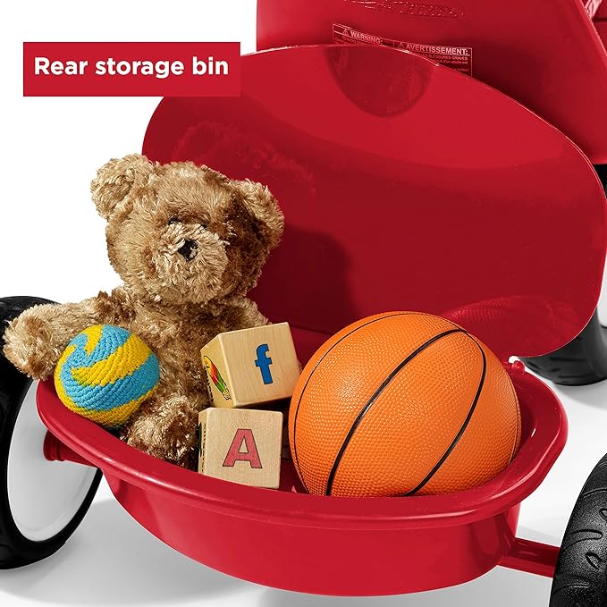 Radio Flyer Deluxe Steer & Stroll Trike, Red, for Kids 2-5, 2-in-1 Parent Steer Tricycle, Removable Push Handle, Adjustable Seat, Steel Frame, Covered Storage Bin, Tricycle for Toddlers and Kids