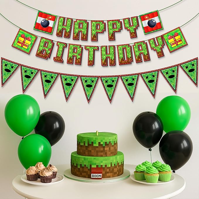 IndoTribe Pixel Happy Birthday Banner Pre-strung - 10ft Pennant Banner Flag Video Game Birthday Decorations Miner Backdrop Gaming Birthday Party Decorations Gamer Party Decorations