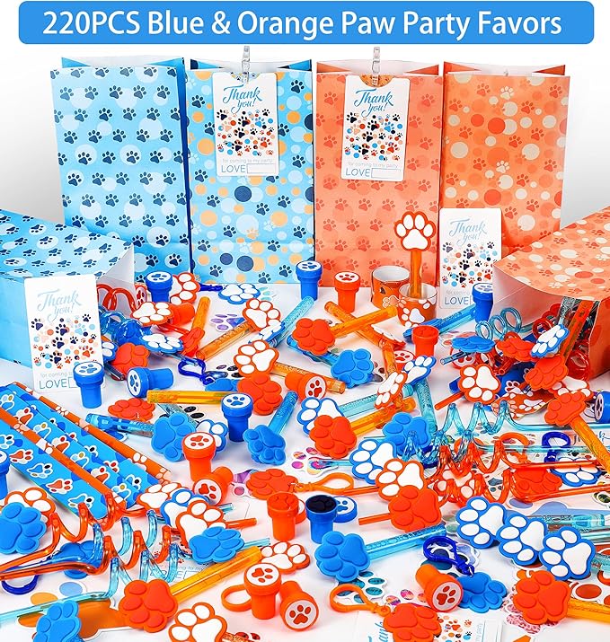 220PCS Blue and Orange Dog Paw Print Party Favors for Kids Theme Birthday Party Favors Decorations Supplies Goodie Bag Stuffer Pinata Filler Birthday Gifts
