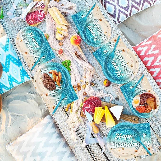 CHUNNIN 96Pcs Beach Happy Birthday Plates and Napkins Ocean Waves Ocean Seashell Party Decorations Beach Themed Party Dessert Plates Summer Pool Tableware for 24 Guests Hawaiian Supplies