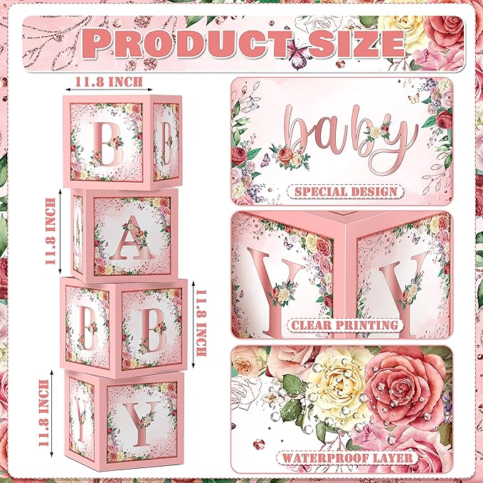 Floral Baby Shower Box Birthday Party Decoration Pink Balloon Blocks First Birthday Centerpiece Decor for Girls Rose Gold Gender Reveal Party Supplies…