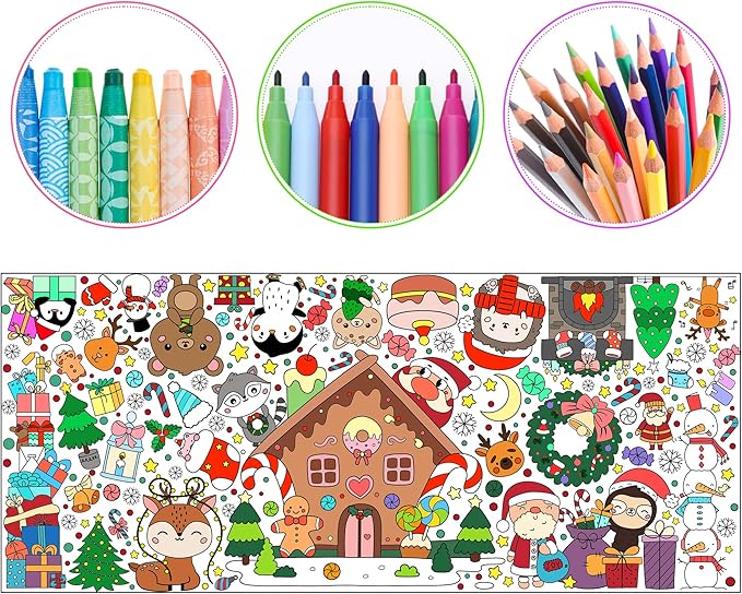 Dvbonike Jumbo Christmas Coloring Poster with Gingerbread House Santa Giant Xmas Color-in Paper Poster DIY Blank Doodle Art Banner 55.1 x 23.6 inch Decor, Home School Activity Party Supplies for Kids