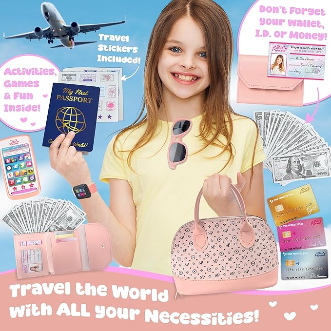 Play Purse for Little Girls - Pretend Play Toy Set for Kids Including Handbag, Makeup, Phone, Wallet, Smartwatch, Passport, Credit Cards, Keys - Birthday Gift Ideas for Girls Age 3 4 5 6 7+