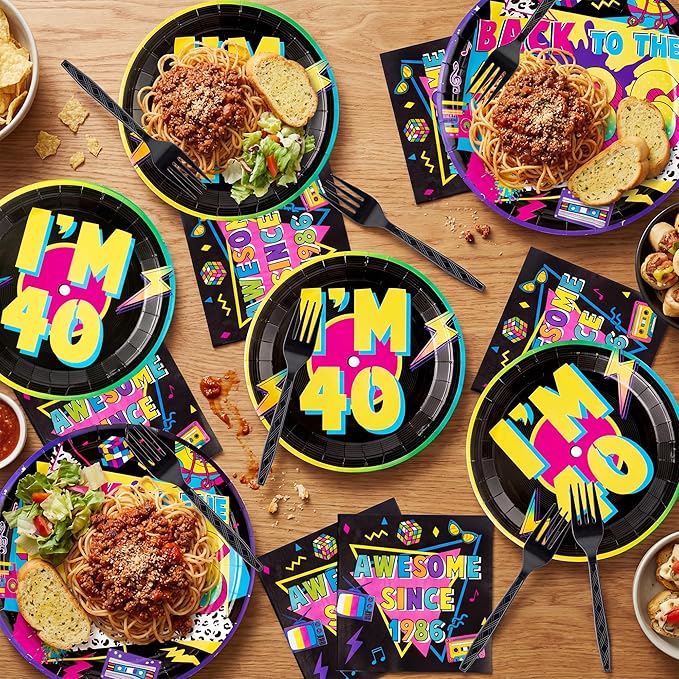 Haooryx 1986 40th Birthday Party Tableware - 96Pcs 80S Vintage Black Birthday Party Decor Supplies Back in 1986 Disposable Paper Plates Napkins Plastic Forks for Men Women 40 Years Old Birthday Party