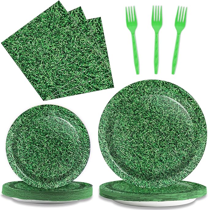 gisgfim 96 Pcs Green Grass Plates and Napkins Party Supplies Grass Tableware Set Sage Greenery Party Decorations Favors for Girls Boys Birthday Baby Shower Serves 24