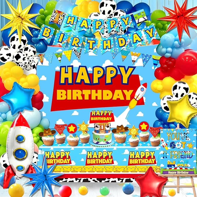 125pcs Toy Theme Birthday Decorations, Balloons Backdrop Banner Tablecloth Cake Topper for Cartoon Story Birthday Party Decorations