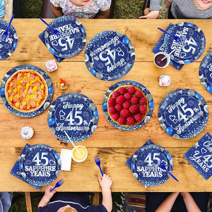 96Pcs 45th Anniversary Decorations Blue Sapphire 45th Wedding Plates and Napkins Cheers to 45 Years Tableware Sets for 45 Birthday Anniversary Party Supplies,Serves 24
