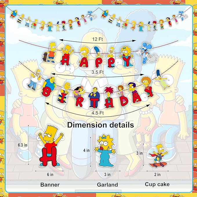 "Brt Simpson Theme Birthday Party Supplies – Complete Decoration Set with Happy Birthday Banner, Cake Topper, Cupcake Toppers, Table Décor, Garland – Cartoon Birthday Party Decoration"