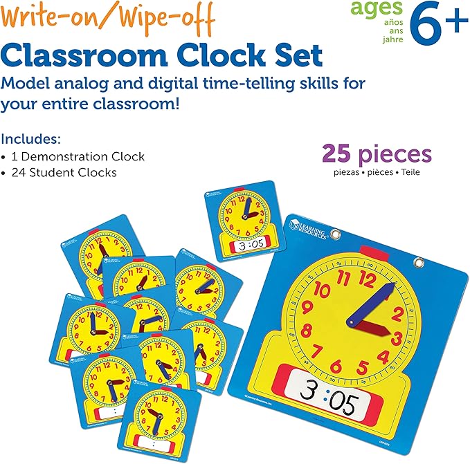 Learning Resources Write & Wipe Clocks Classroom Set - 25 Pieces, Ages 6+ Laminated Dry-Erase, Teaching Aids, Teacher Supplies, Learning Time
