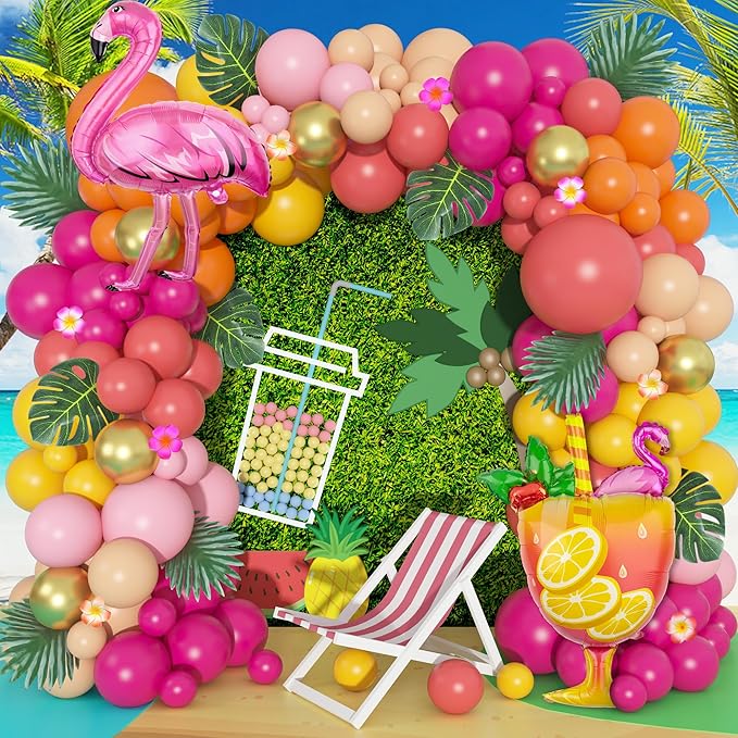 Ouddy Life 178Pcs Tropical Balloons Arch Garland Kit, Luau Tropical Party Decorations with Aloha Pineapple Coconut Hot Pink Aqua Blue Balloons & Palm Leaves for Hawaiian Summer Birthday Supplies