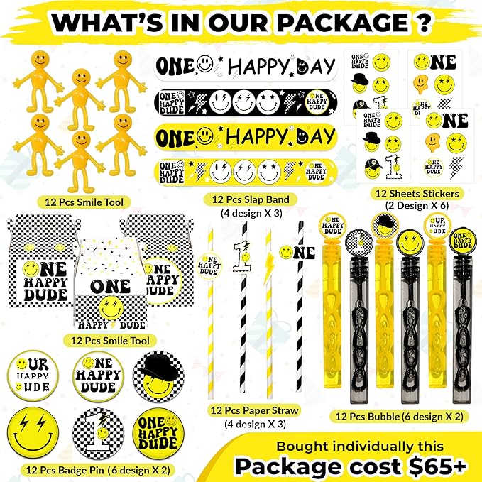 84 Pcs One Happy Dude Birthday Party Favor, 12 Set of Smile Face Theme Gift Box Straw Bubble Stickers Smile Badge Pin for First Birthday Party Supply