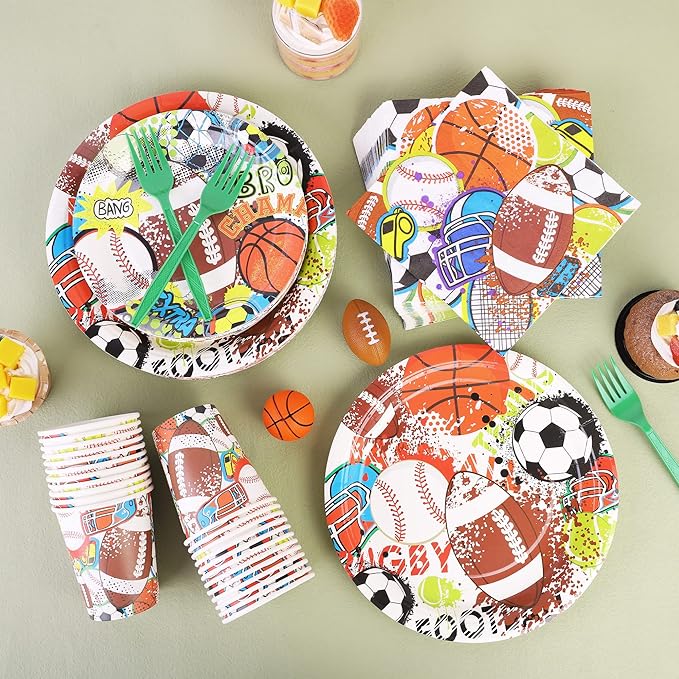 durony 144 Pieces Sports Themed Paper Plates and Napkins Dinnerware Set Sports Birthday Party Tableware Paper Plates Napkins Forks Serve 24 for Rugby Baseball Basketball Soccer Party Supplies