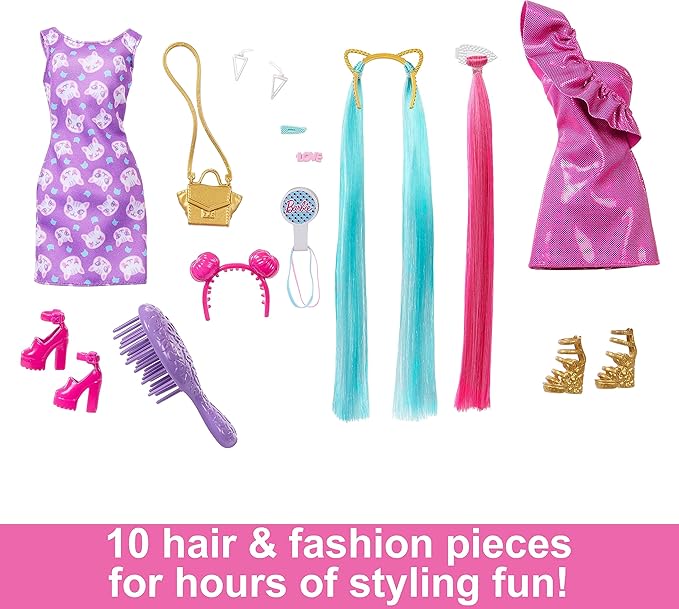 Barbie Fun & Fancy Set, Fashion Doll with Extra-Long Color-Streaked Blonde Hair, Clothes & Styling Accessories