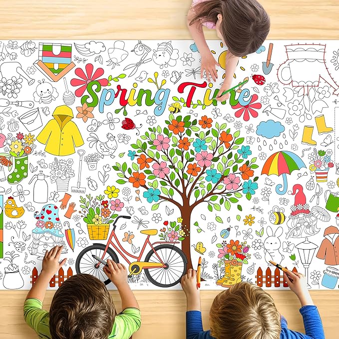 Spring Coloring Tablecloth for Kids, Giant 30x72 Inch Poster with Flowers, Rainbows, Nature Icons, Perfect for Party Games, Seasonal Decorations, Creative Activities, Event Supplies